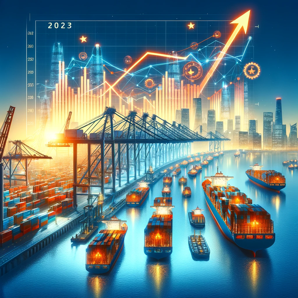 DALL·E 2023-11-13 16.14.41 - A conceptual illustration showing a bustling port in China with numerous cargo ships and cranes, symbolizing a vibrant and thriving foreign trade envi
