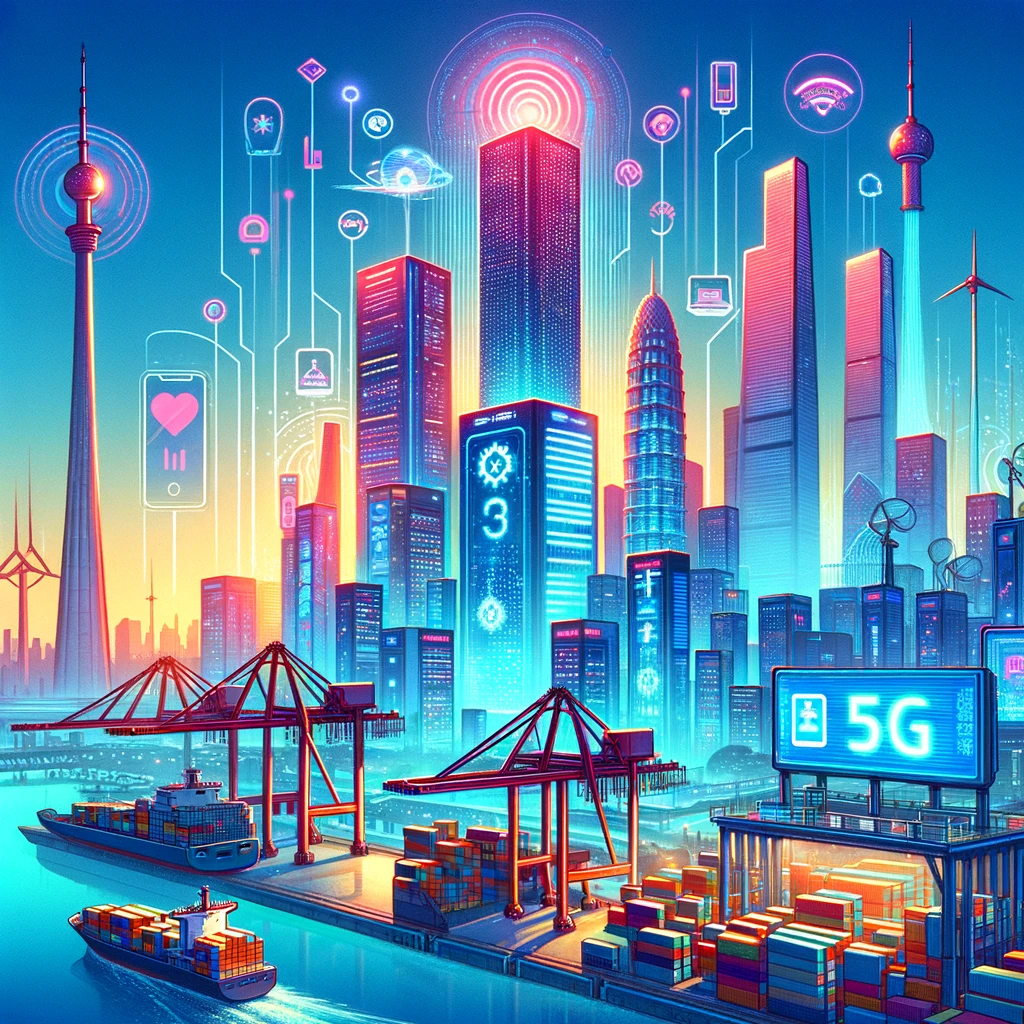 DALL·E 2023-11-13 16.19.03 - A vibrant illustration depicting China's technology export boom in 2023. The image showcases a futuristic cityscape in China, with skyscrapers adorned