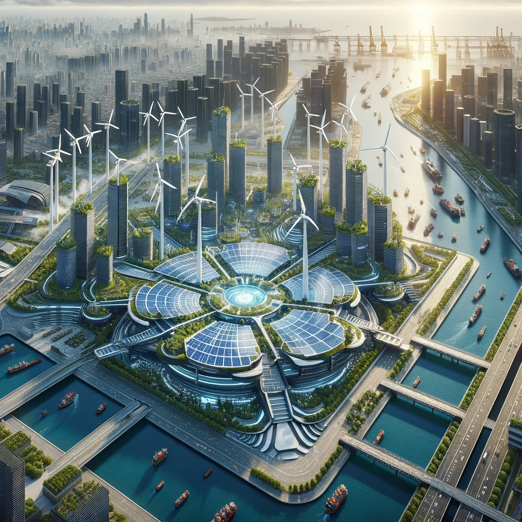 DALL·E 2024-01-05 15.02.17 - Aerial view of a futuristic Chinese trade hub with solar panels and wind turbines, showcasing technological advancements in trade, surrounded by a bus